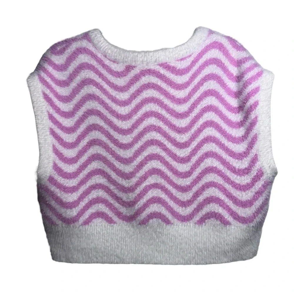 Kendall + Kylie Small Pink White Fuzzy‎ Chevron V Neck Short Sweater Y2K Preppy